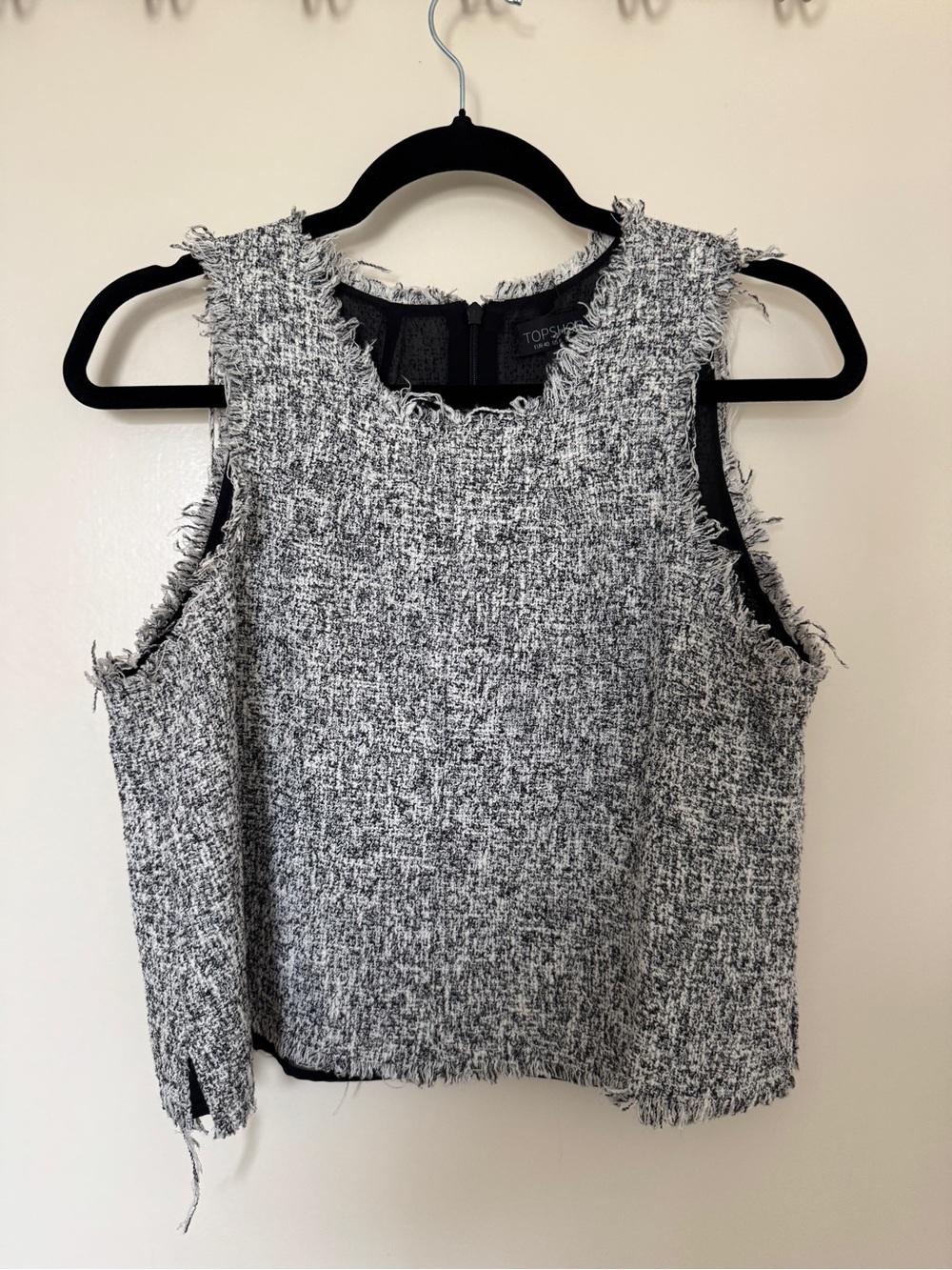 Topshop Black & White Textured tweed Fringe Crop Top size US 8